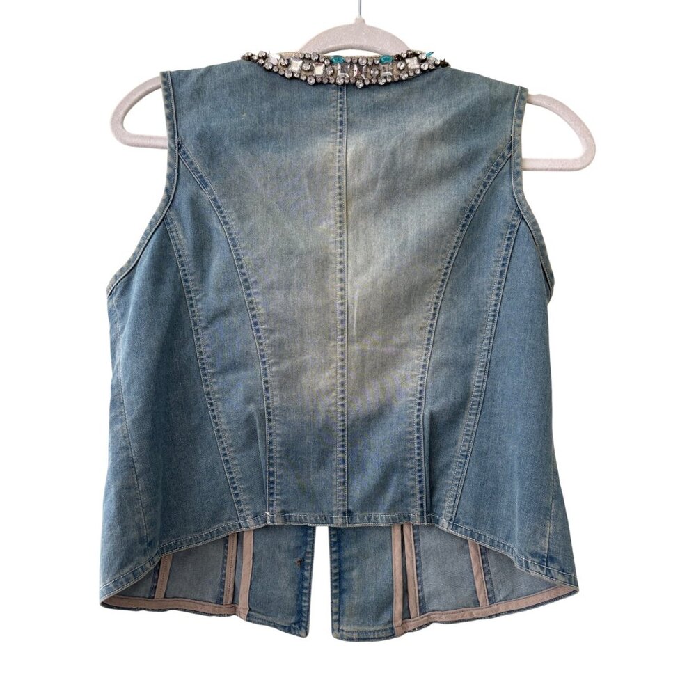 Vintage  Lynn Adler Hand Beaded Denim Vest With Rhinestones & Pearls - Picture 4 of 12